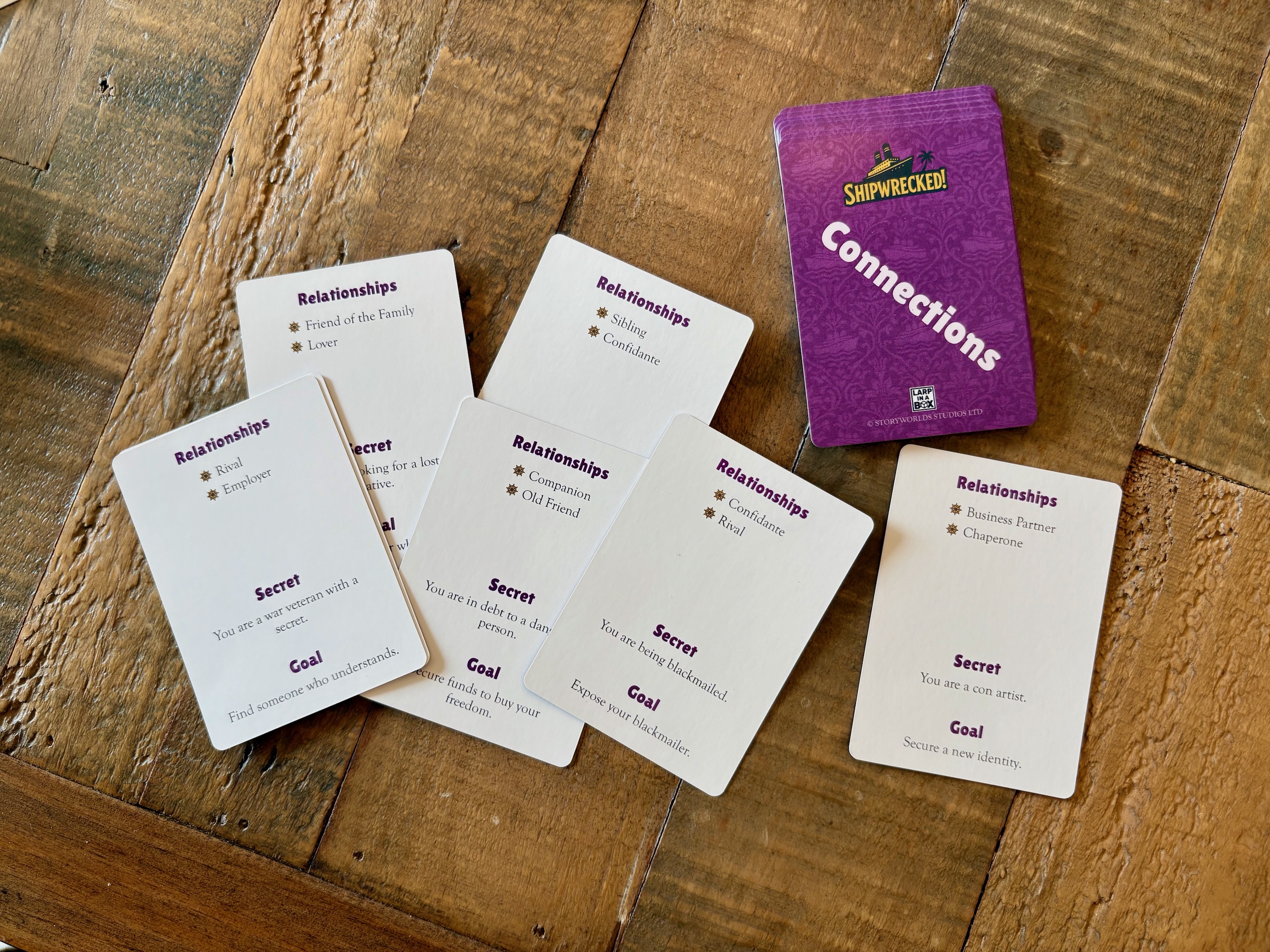 Shipwrecked Connection cards showing Relationships, Secret and Goal